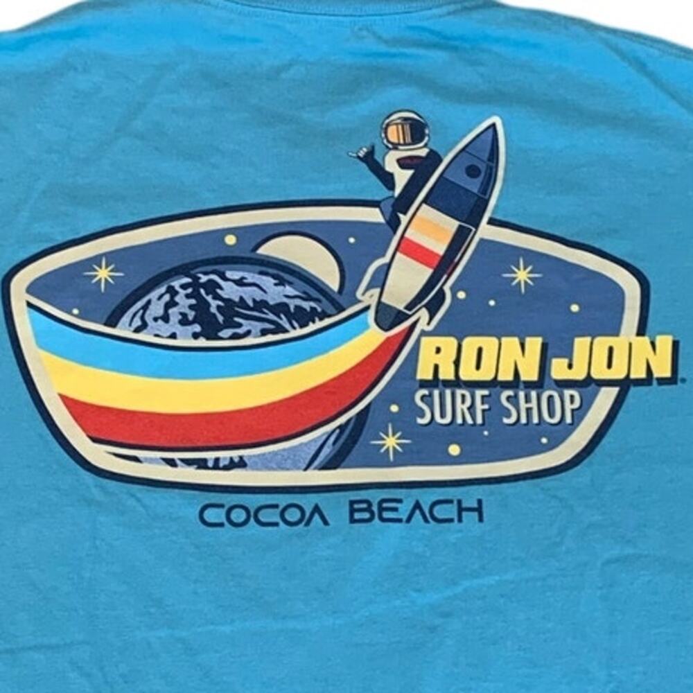 Ron Jon Surf Shop T-Shirt – Men’s Large – Aqua Blue – Double-Sided Graphic Tee